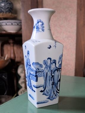 Blue and White Chinoiserie Porcelain Vase - Hand-Painted Scene
